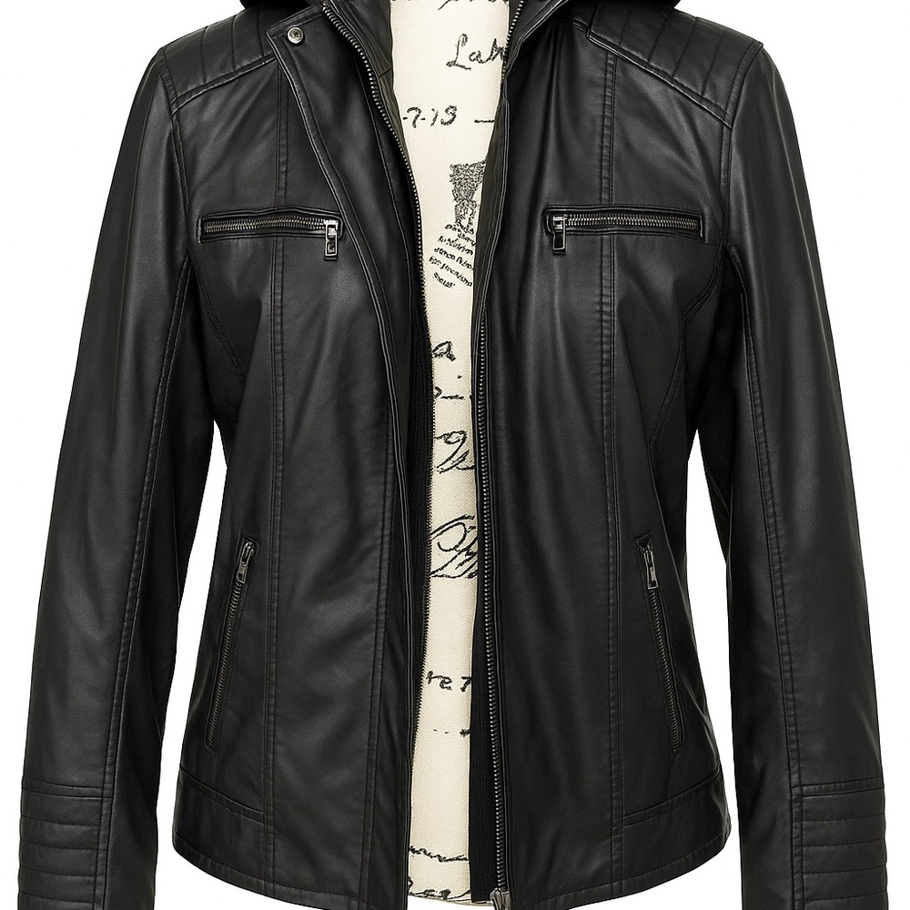 Faux Leather Moto Jacket | Black | Quilted Detail | Hoodie Insert | M/L